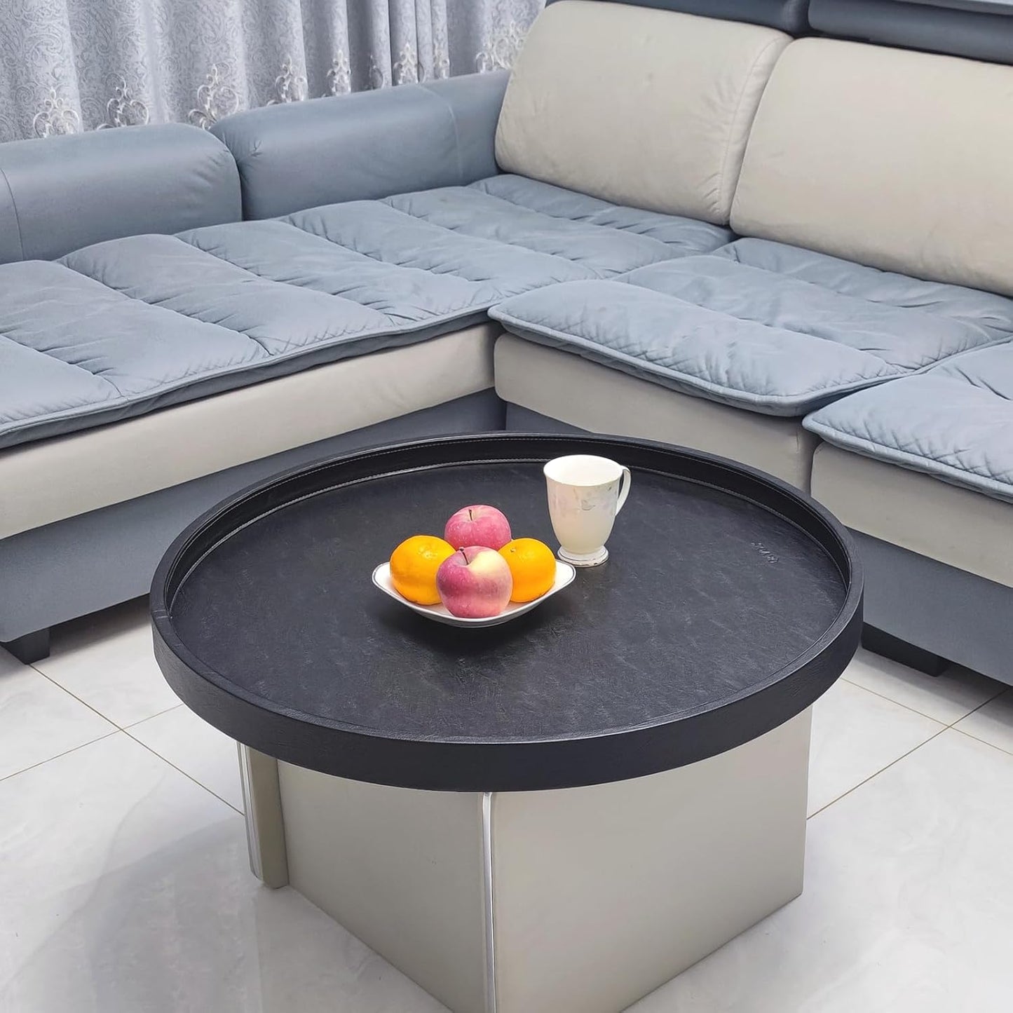 30x30 High-End Light Luxury Leather Round Oversized Tray - Ottoman Coffee Food Serving for Family Dinner, Outdoor Picnic & Party Essentials | Versatile Home Decor Tray(30 inch Black)