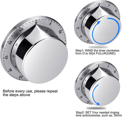 Kitchen Timer, Chef Cooking Timer Clock with Loud Alarm, No Batteries Required, 100% Mechanical - Magnetic Backing, Exquisite Stainless Steel Body - Countdown Reminder - Silver 1Pack
