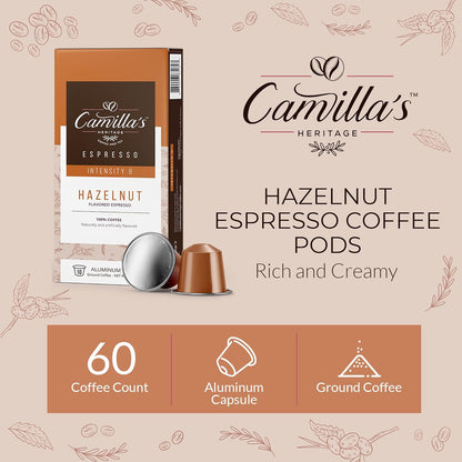Camilla’s Heritage - Intensity 8 Hazelnut Flavored Espresso Coffee, Gourmet Espresso Cups, 60 Coffee Pods