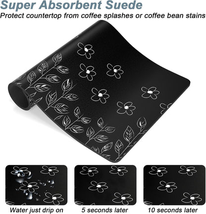 Rnivvi Coffee Mat, 12" x 19" Cute Coffee Bar Mats for Espresso Machine Station Accessories and Organizer, Hide Stain Rubber Backed Absorbent Dish Drying Pad for Kitchen Counter, Black White Flowers