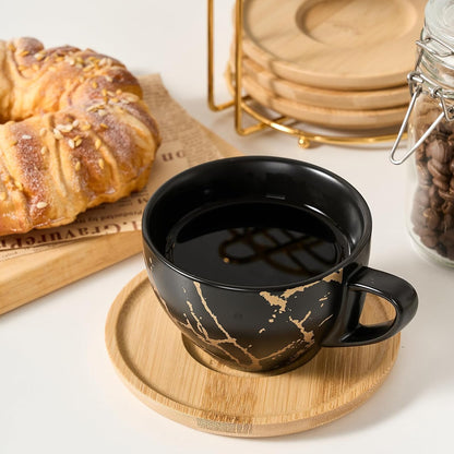 LUKA Ceramic Demitasse Espresso Cups Set with Saucers and Metal Stand, 8 oz Porcelain Stackable Cappuccino Cups Teacup For Tea, Espresso, Latte, Coffee, Cafe Mocha, Set of 4, Black