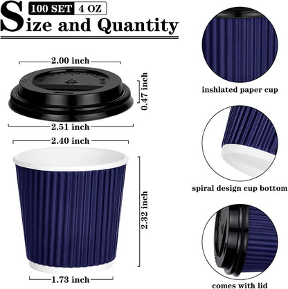 100 4oz Disposable Espresso Cups with Lids Ripple Corrugated Paper Disposable Coffee Cups Cups for Hot Chocolate, Tea, and Cocoa Drinks (Blue)