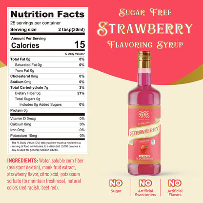 ChocZero Flavoring Syrup, Strawberry Flavor, Sugar Free Syrup for Drinks, Keto Friendly, 25.4 Fluid Ounces