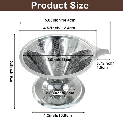 Waziaqoc Pour Over Coffee Dripper, Slow Drip Paperless Coffee Filter, Stainless Steel Pour Over Coffee Maker for 1-4 Cups Brew, Double Mesh Design of Manual Reusable Cone Filter