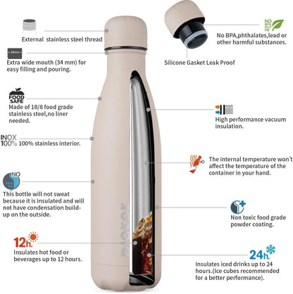 BJPKPK 17oz Insulated Stainless Steel Water Bottles,Sports Water Bottles Keep Cold for 24 Hours and Hot for 12 Hours,BPA Free for Travel,Apricot