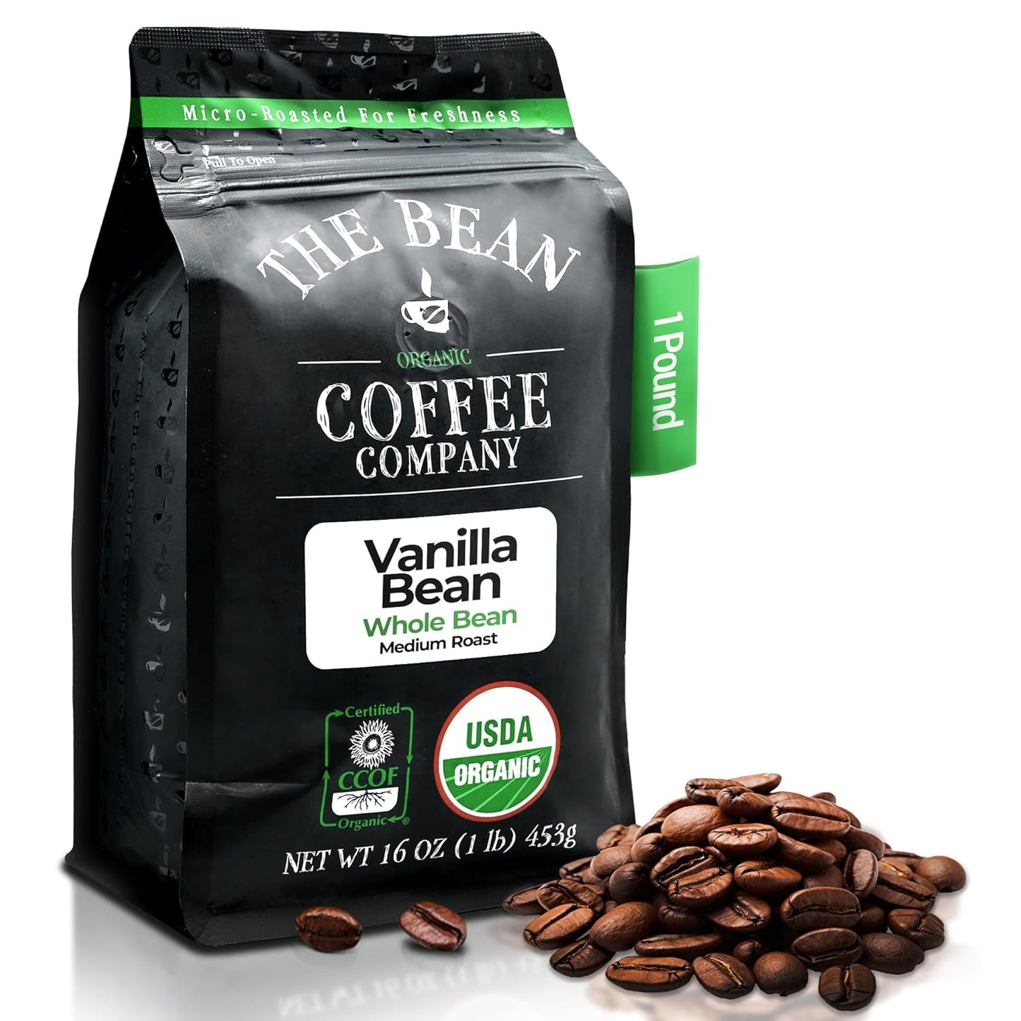 The Bean Organic Coffee Company Vanilla Bean, Medium Roast, Whole Bean Coffee, 16-Ounce Bag