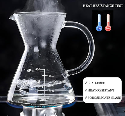 Pour Over Coffee Maker with Reusable Stainless Steel Drip Filter, Glass Drip Coffee Maker Set, Lead-Free Borosilicate Glass Coffee Carafe for 1-4Cup, Clear (500ml/17oz)