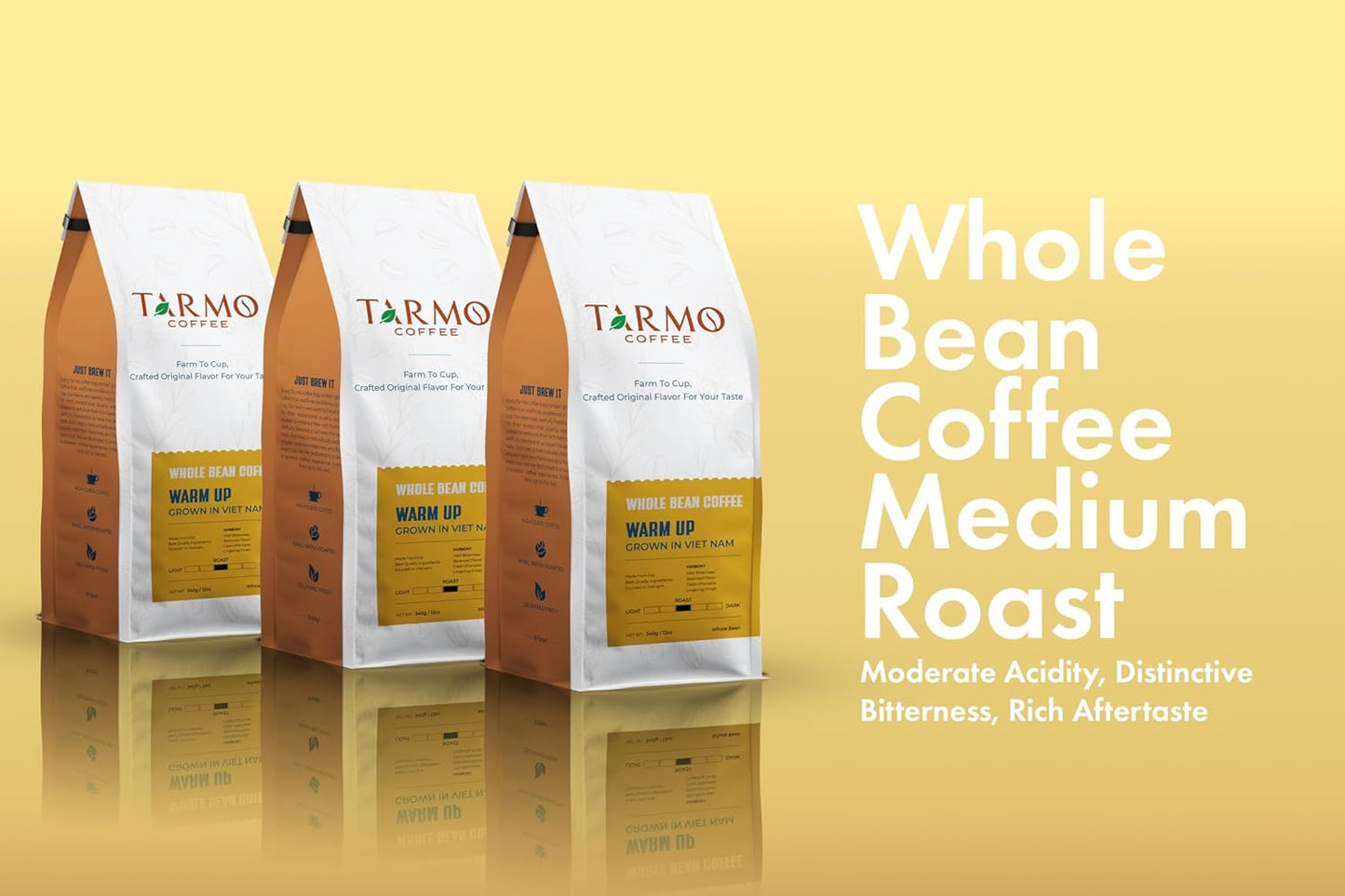 TARMO - WARM UP | Low Acid 100% ROBUSTA Whole Bean Coffee | Specialty Vietnamese Coffee | Single Origin Medium Roast Coffee Beans | 12 Oz Bag