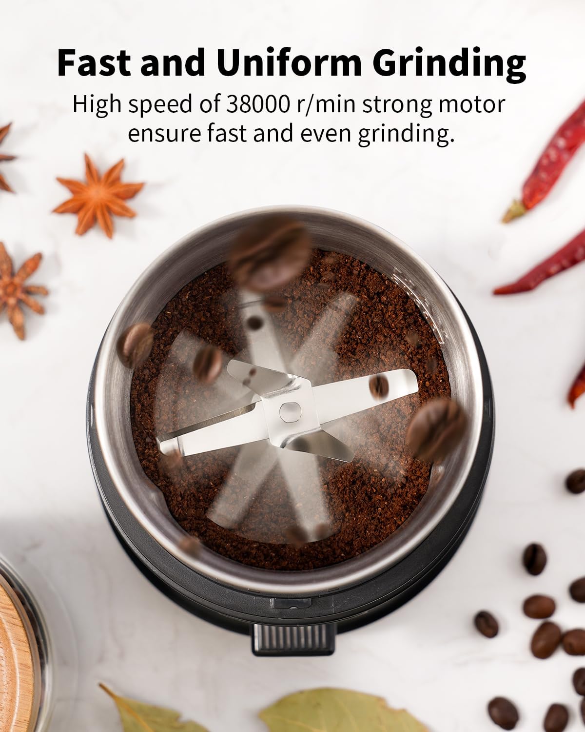 SHARDOR One Touch Coffee Grinder Electric, Spice, Herb, For Coffee Bean Spices and Seeds with 1 Removable Stainless Steel Bowl, Dry Grinder, Silver