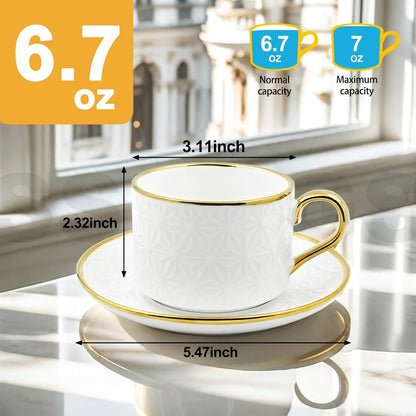 Espresso Cups and Saucers Set of 6, 7 OZ Porcelain Cappuccino Cups with Saucers, Stackable Coffee Mugs for Demitasse, Latte, Cafe, Mocha, Tea, Mother's Day Gift Thanksgiving Christmas Gift Present