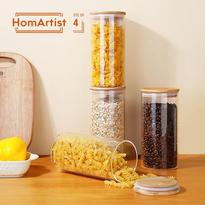 Glass Jars with Bamboo Lids 53 FL OZ [Set of 4], Glass Canisters with Airtight Lids, Glass Food Storage Containers for Pasta, Oats, Coffee, Flour, Sugar, Rice, Best for Kitchen & Pantry