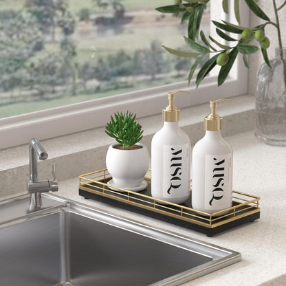 Wooden Decorative Tray, Oak 11.2" L Coffee Table Tray for Kitchen Countertop Soap Sponge Holder Candle Nightstand Table Centerpieces for Dining Room Decor Black Gold