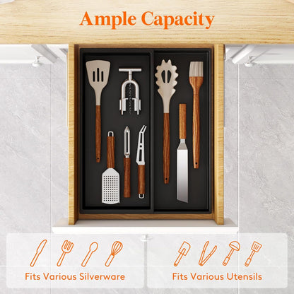 Lifewit Utensil Drawer Organizer, Expandable Cooking Silverware Tray for Kitchen Drawer, Adjustable Cutlery Flatware Holder, Plastic Spatula Tools and Gadgets Storage Divider, 2 Compartments, Black