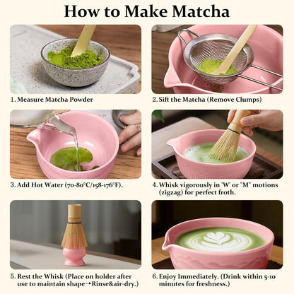 7PCs Matcha Whisk Set Traditional Japanese Matcha Kit with Ceramic Bowl Bamboo Chasen Tea Spoon Holder Sifter Tea Towel Ceremony Matcha Tea Making Tools Green Tea Set for Beginners