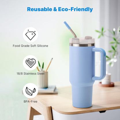 2 Pcs Stainless Steel Straw with Silicone Tips for 30 oz Stanley Tumbler, Repeatable 30 oz Metal Straws for Stanley Adventure Quencher Travel Tumbler Cup, BPA Free（Light Blue）