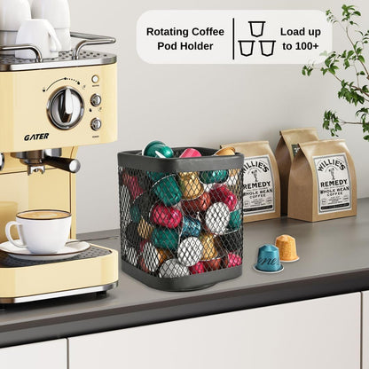 IBERG Rotating Utensil Holder & Coffee Pod Basket - 360° Spinning Base Mesh Metal Organizer for Kitchen Tools (Black Square)