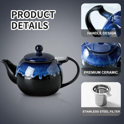 KOOV Tea Pot with Infuser for Loose Tea, 34 ounce Ceramic Teapot with Infuser, Enough For 6 Cups, Tea Pots with Tea Strainers for Tea Party, Reactive Glaze (Nebula Blue)