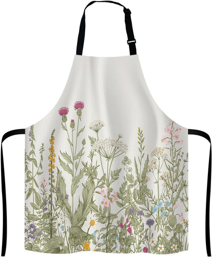 Herbs and Wild Flowers Bib Apron with Adjustable Neck for Men Women,Suitable for Home Kitchen Cooking Waitress Chef Grill Bistro Baking BBQ Cobbler Apron