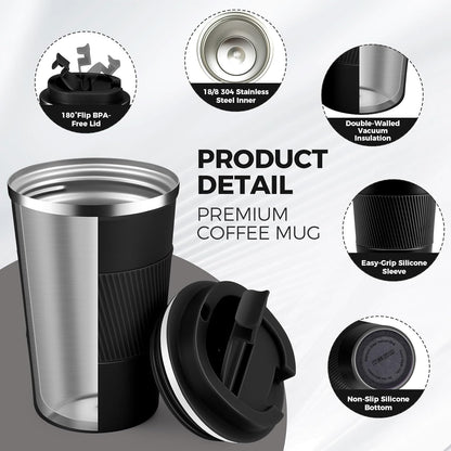 Volhoply 13 oz Stainless Steel Insulated Travel Coffee Mug with Fip Lid,Reusable Double Wall Vacuum Metal Coffee Cup,Portable to Go Leak Proof Cafe Thermal Tumbler for Hot & Cold Drinks(Black,1)