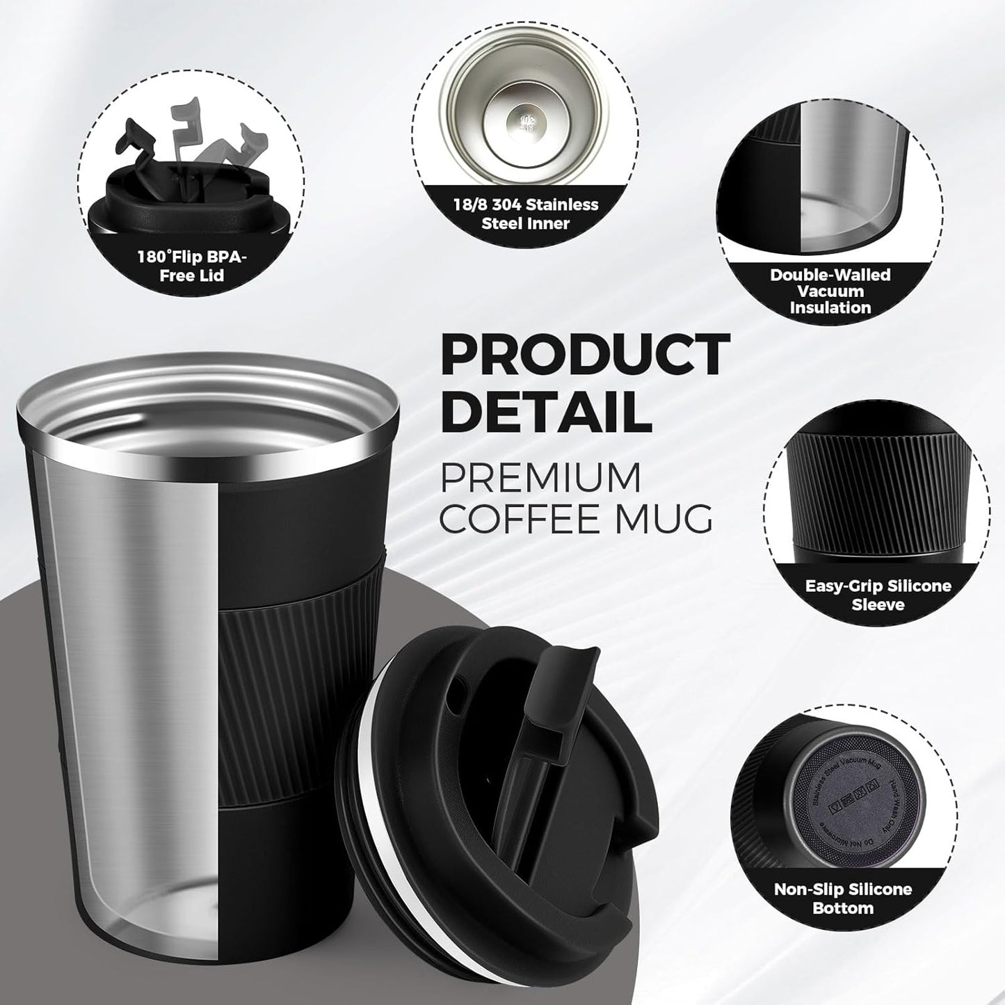 Volhoply 13 oz Stainless Steel Insulated Travel Coffee Mug with Fip Lid Bulk 4 Pack,Reusable Double Wall Vacuum Metal Coffee Cup,Portable Leak Proof Thermal Tumbler for Hot & Cold Drinks(Black,4)