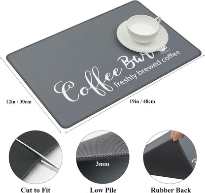 SHACOS Coffee Bar Mats 2 pcs 12x19 Inch Absorbent Non Slip Rubber, Waterproof Heat Resistant, Gray