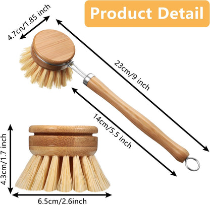 Patelai 8 Pieces Wooden Kitchen Dish Brush Include Bamboo Scrub Cleaning Brush and Replacement Heads Dish Scrubber for Kitchen Room Cleaning Supplies