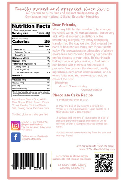 To Your Health Bakery Gluten Free (GF) Chocolate Cake Mix- Organic, Non-GMO, Top 8 Allergen Free