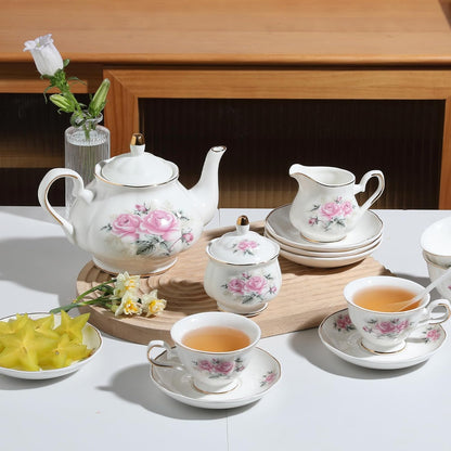 Sweejar Ceramic Teapot with Infuser, Floral Relief Gold Rimmed Teapot, 29 OZ Porcelain Tea Pot for Blooming and Loose Tea, Coffee...(Pink Flower)