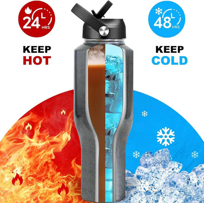 HYDROWION Water Bottle Stainless Steel,Vacuum Insulated Leak Proof Tumbler 32oz with Straw Lid, Spout Lid and Flex Cap(Cold for 48 Hrs, Hot for 24 Hrs), Fit in Any Car Cup Holder, Laser Grey