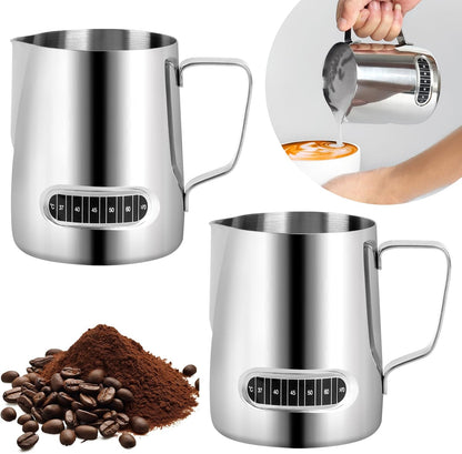 Milk Frothing Pitcher 20 oz, 2Pcs Milk Frother Cup with Thermometer Stainless Steel Milk Steamer Frother Temp Control Milk Jug Latte Milk Frother Thermometer Coffee Shop Accessories