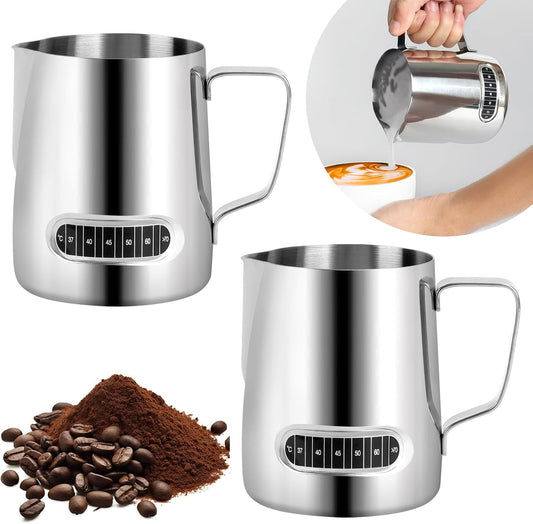 Milk Frothing Pitcher 20 oz, 2Pcs Milk Frother Cup with Thermometer Stainless Steel Milk Steamer Frother Temp Control Milk Jug Latte Milk Frother Thermometer Coffee Shop Accessories