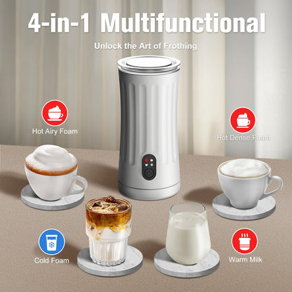 Electric Milk Frother, 4-in-1 Milk Steamer and Frother, 8.1oz/240ml Automatic Warm and Cold Foam Maker, Auto Shut-Off Frother for Coffee, Latte, Cappuccino, Macchiato(White)