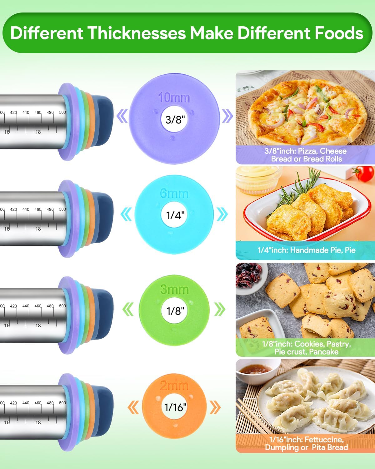 Adjustable Rolling Pin with Thickness Rings for Baking, Adjustable Stainless Steel Designs Dough Roller Pins for Cookie Decorating & Dough Pizza Pie Adjustable Long Rolling Pin 23.6 Inch