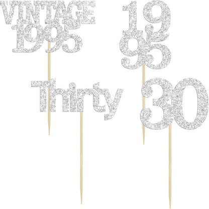 Gyufise 24Pcs Happy 30th Birthday Cupcake Toppers Glitter Thirty 30 Fabulous Vintage 1995 Cupcake Picks for 30th Birthday Wedding Anniversary Party Cake Decorations Supplies Silver