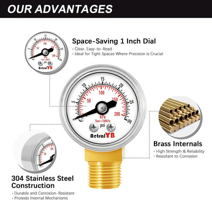 1-Inch Mini Pressure Gauge, 0-30 PSI / 0-200 kPa, Compact Dual-Scale Gauge, 1/8” NPT Bottom Mount, Stainless Steel Case for Coffee Machines, Airbrush Systems, Sprayers, and Pneumatic Tools