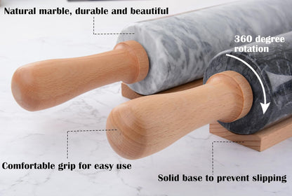 Marble Rolling Pin Set with Silicone Pastry Mat,Pastry Brush,Cooking Tongs,Stainless Steel Scraper18.5 inch Polished Non-Stick Roller for Pizza Dough,Fondant,Pie Crust(Gray White)