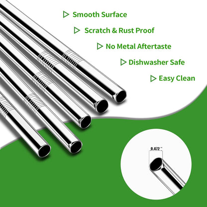 Lazycorner 5 Pcs Stainless Steel Smoothie Straws, 0.4'' Extra Wide Reusable Metal Drinking Straws for Milkshake, Smoothie, Beverage, Set of 5 with 2 Cleaning Brush