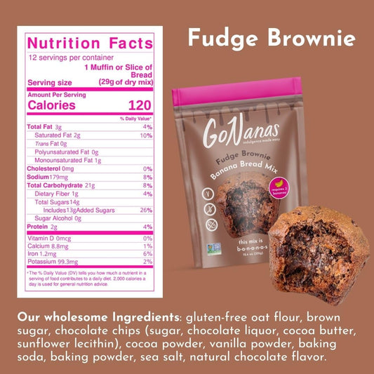 GoNanas Fudge Brownie Oat Flour Banana Bread Mix, Suitable for Plant Based Vegan Diets, Gluten Free Dairy Free Snacks, Healthy Snacks For Adults, Muffin Mix, Nut Free, Cupcakes Dessert, NON-GMO, 1pk