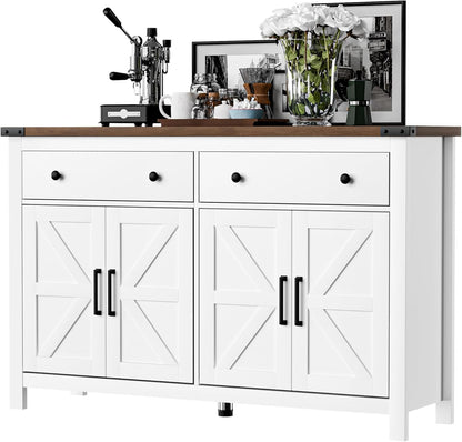 55" Sideboard Buffet Cabinet with Storage, Coffee Bar Cabinet with 2 Drawers and 4 Barn Doors, Long Storage Cabinet Modern Farmhouse, White Wood, for Kitchen, Dining Room, Living Room