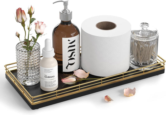 Oak Bathroom Toilet Tank Tray, 13" Paper Storage Basket Tray Back of Toilet Basket Organizer, for Perfume Makeup Candle Kitchen Counter Coffee Table Gold Decor