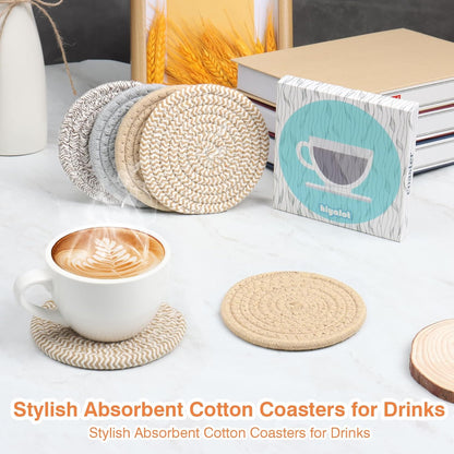 Large 4.8" Cotton Coasters for Drinks Set of 2, Oversized Absorbent Brown Fabric Cup Mats for Coffee Mugs, Boho Desk & Nightstand Drink Pads, Durable Minimalist Coasters for Home Décor(Caffè no)