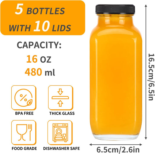 CUCUMI 5pcs 16oz Glass Juice Bottles with Lids, Reusable Juice Containers Drinking Jars Water Cups with Brush, Glass Straws, Lids with Hole