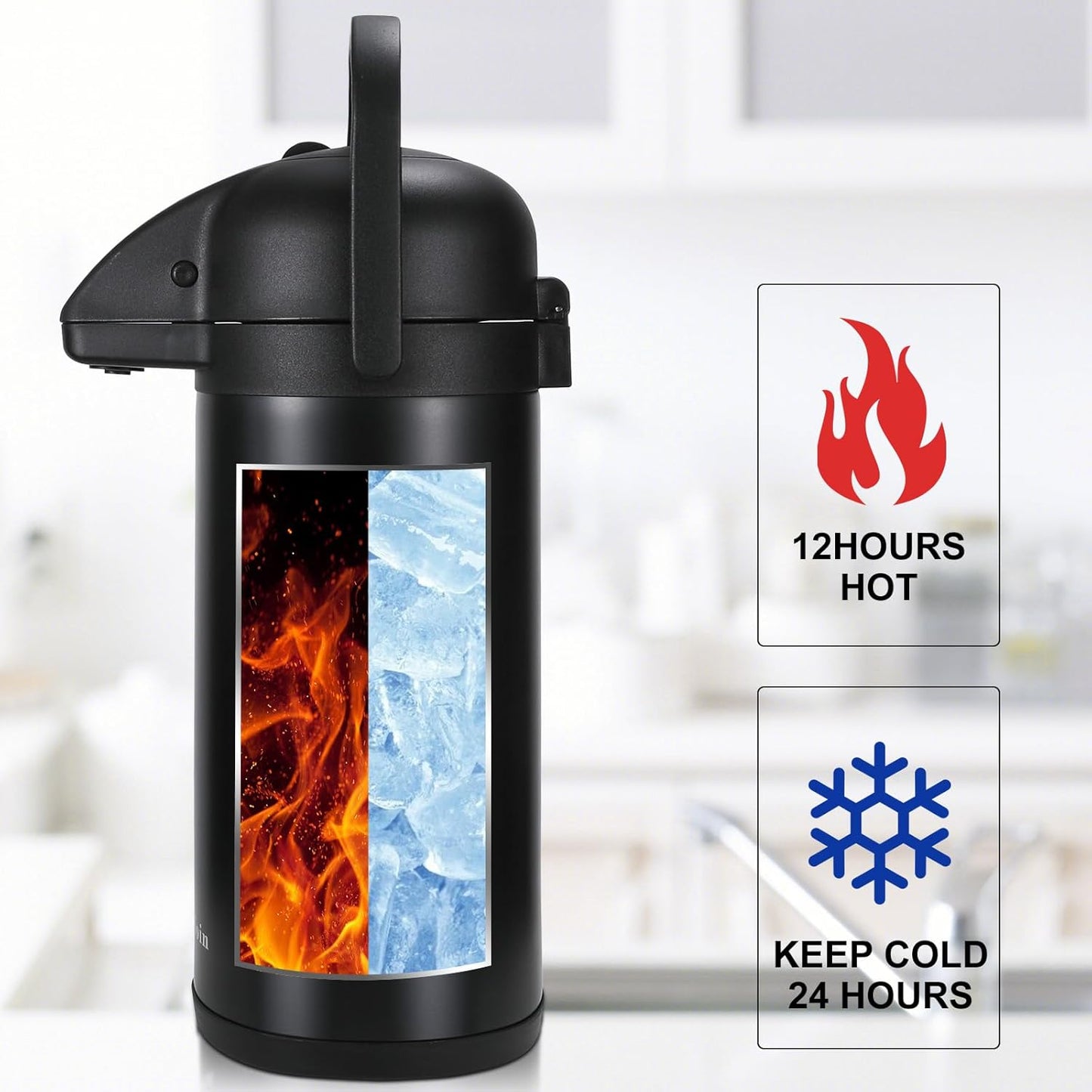 Updated Airpot Coffee Dispenser with Pump, 64 OZ Insulated Thermal Coffee Carafe for Keeping Hot - Cold Water, Party Chocolate Drinks & Stainless Steel Thermos Urn Large Thermal Hot Drink (Black)
