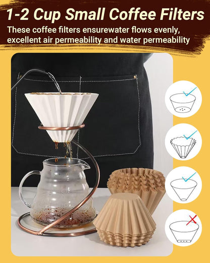 100 Pcs Unbleached Coffee Filters for 1-2 Cup Brewers, Small Disposable Paper Filters - 2-in-1 Stainless Steel Scoop & Clip, Compatible with Single Serve Pots & Travel Makers
