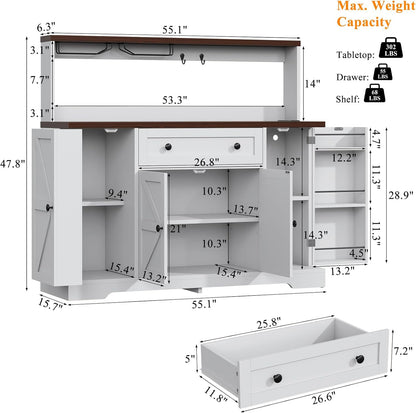Hutch Storage Buffet Cabinet with Drawers, and Charging Station, Coffee Bar Cabinet with Barn Doors, Wine Rack and Hooks, White Wood Sideboard Buffet for Kitchen, Dining Room, 47.8" High