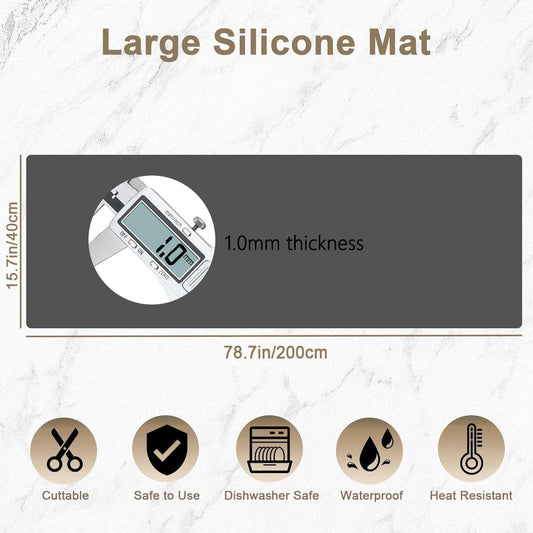 78.7"x15.7"(200cmx40cm) Large Silicone Mats for Countertop, Heat Resistant Mat, Waterproof Nonslip Silicone Kitchen Counter Mat, Nonstick Table Placemat, Multipurpose Mat, Light Gray