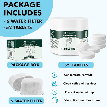 6 Pack Breville Compatible Charcoal Filters with 52 Cleaning Tablets, 1 Year Breville Compatible Maintenance Kit, Espresso Machine Clean Kit for Breville Barista Pro, Breville Infuser and more