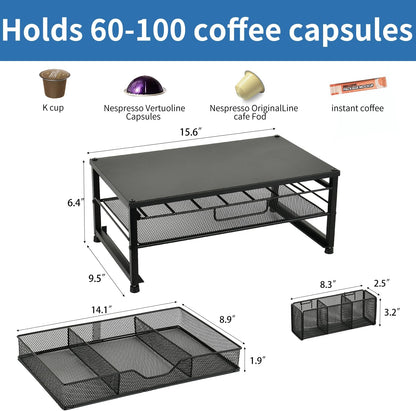 Spacrea K Cup Holder Organizer- Coffee Pod Holder for Counter with 2 Tier Sliding Storage Drawer, Coffee Station Bar Accessories Holder, 63 Large or 80 Small Capsules, Home Kitchen (Black)