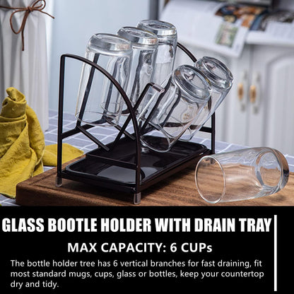 RHBLME 2 Packs Glass Drying Rack, Vertical Bottle Drying Rack Glass Bottle Holder with Drain Tray, Silicone Protective Hooks, Carbon Steel Non Slip Cup Mug Organizer for Glass Coffee Mug Countertop