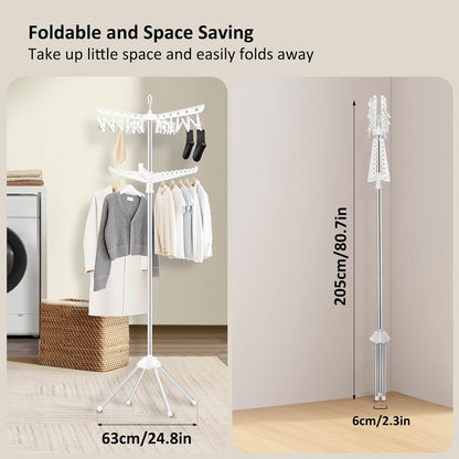 SUYU Clothes Drying Rack,Folding Clothes Drying Tree, 2 Layer with 24 Clips and 3 Rotatable Arms,66.9-Inch Indoor Clothes Rack,Stainless Steel,4 Legs,White and Silver SNJ102